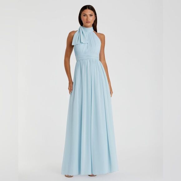 Mac Duggal 55035 Womens Blue High Neck Chiffon Gown with Bow - Picture 2 of 13